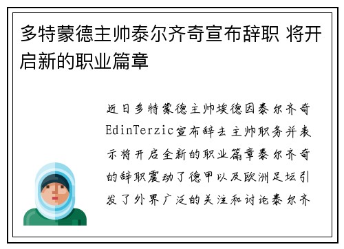 多特蒙德主帅泰尔齐奇宣布辞职 将开启新的职业篇章 多特蒙德主帅泰尔齐奇宣布辞职 将开启新的职业篇章
