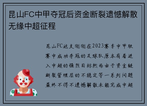 昆山FC中甲夺冠后资金断裂遗憾解散无缘中超征程